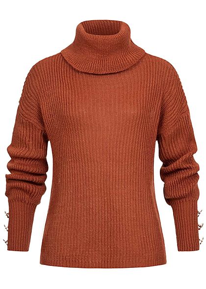 Styleboom Fashion Damen Rollkragen Strickpullover Deko Knöpfe copper rost braun