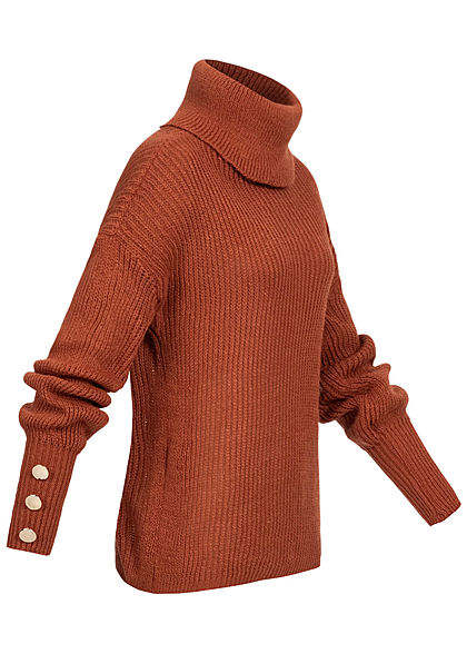 Styleboom Fashion Damen Rollkragen Strickpullover Deko Knöpfe copper rost braun