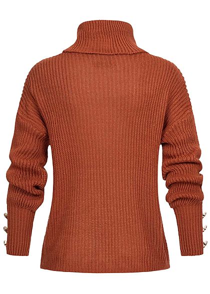 Styleboom Fashion Damen Rollkragen Strickpullover Deko Knöpfe copper rost braun