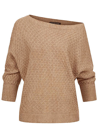 Styleboom Fashion Damen One-Shoulder Strickpullover Raute Muster beige braun