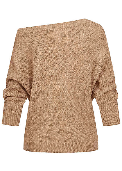 Styleboom Fashion Damen One-Shoulder Strickpullover Raute Muster beige braun