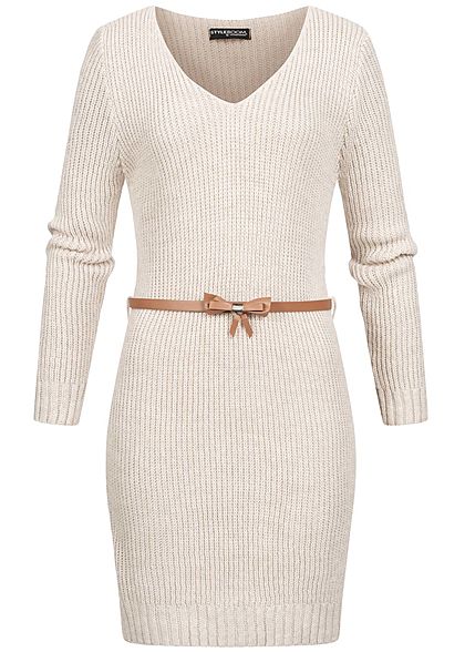 Styleboom Fashion Damen V-Neck Strick Kleid inkl. Gürtel beige