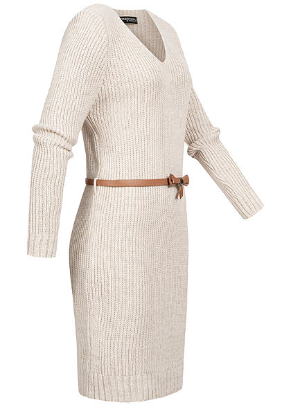 Styleboom Fashion Damen V-Neck Strick Kleid inkl. Gürtel beige