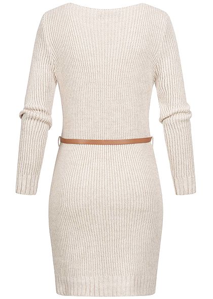Styleboom Fashion Damen V-Neck Strick Kleid inkl. Gürtel beige