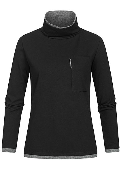 Styleboom Fashion Damen Rollkragen Longsleeve 2in1 Optik Brusttasche schwarz grau - Art.-Nr.: 20016110