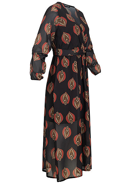 Styleboom Fashion Damen V-Neck Chiffon Midi Kleid inkl Grtel Blatt Muster schwarz