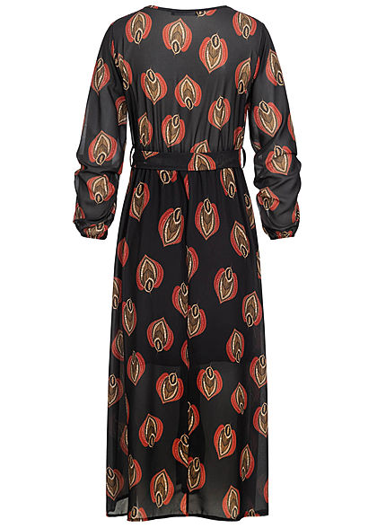 Styleboom Fashion Damen V-Neck Chiffon Midi Kleid inkl Grtel Blatt Muster schwarz