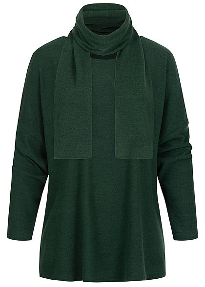 Styleboom Fashion Damen Oversized Soft-Touch Pullover inkl. Schal dunkel grün - Art.-Nr.: 20016123