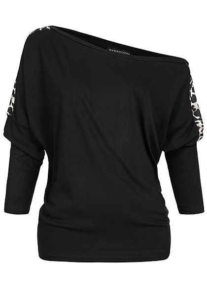 Styleboom Fashion Damen One-Shoulder Fledermausarm Shirt Leo Print schwarz