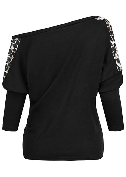 Styleboom Fashion Damen One-Shoulder Fledermausarm Shirt Leo Print schwarz