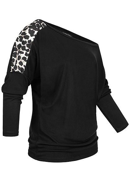 Styleboom Fashion Damen One-Shoulder Fledermausarm Shirt Leo Print schwarz