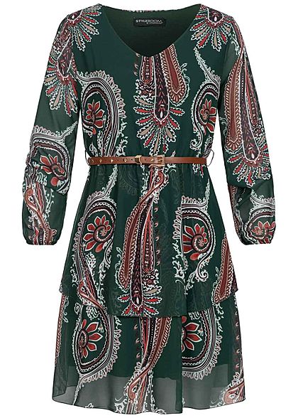 Styleboom Fashion Damen V-Neck Chiffon Kleid inkl. Gürtel Inka Print dunkel grün