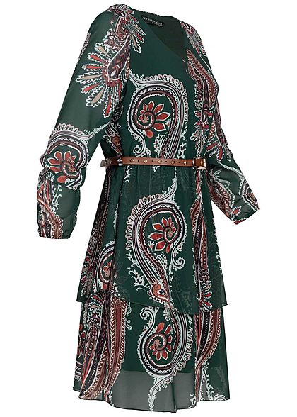 Styleboom Fashion Damen V-Neck Chiffon Kleid inkl. Gürtel Inka Print dunkel grün