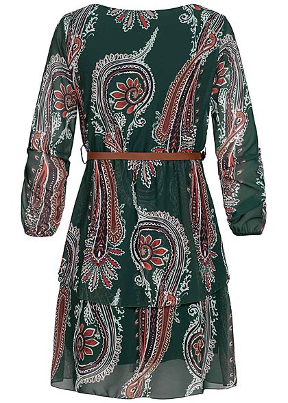 Styleboom Fashion Damen V-Neck Chiffon Kleid inkl. Gürtel Inka Print dunkel grün