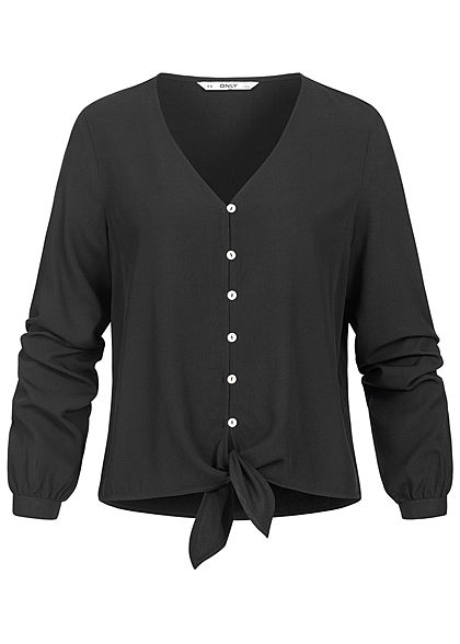 ONLY Damen V-Neck Bluse Schnürdetail am Abschluss Knopfleiste schwarz