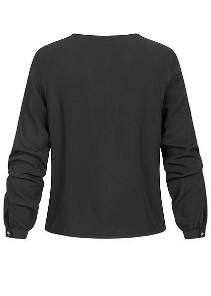 ONLY Damen V-Neck Bluse Schnürdetail am Abschluss Knopfleiste schwarz