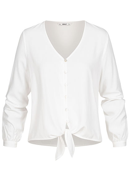 ONLY Damen V-Neck Bluse Schnürdetail am Abschluss Knopfleiste cloud dancer weiss