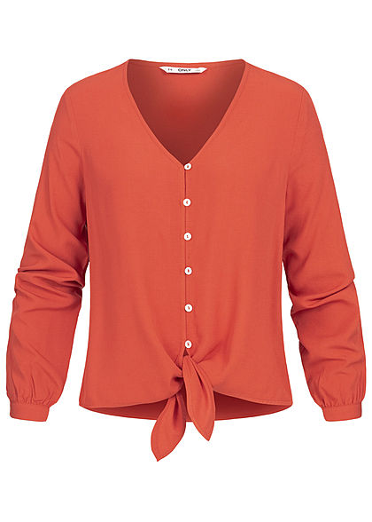 ONLY Damen V-Neck Bluse Schnürdetail am Abschluss Knopfleiste hot sauce braun