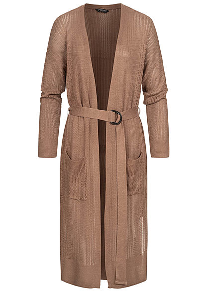 Zabaione Damen Long Cardigan 2-Pockets inkl. Bindegürtel Schlitz seitlich braun