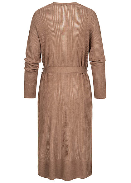 Zabaione Damen Long Cardigan 2-Pockets inkl. Bindegürtel Schlitz seitlich braun
