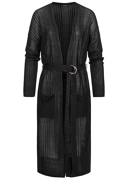 Zabaione Damen Long Cardigan 2-Pockets inkl. Bindegürtel Schlitz seitlich schwarz