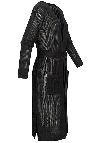 Zabaione Damen Long Cardigan 2-Pockets inkl. Bindegürtel Schlitz seitlich schwarz