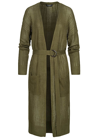 Zabaione Damen Long Cardigan 2-Pockets inkl. Bindegürtel Schlitz seitlich khaki