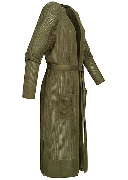 Zabaione Damen Long Cardigan 2-Pockets inkl. Bindegürtel Schlitz seitlich khaki