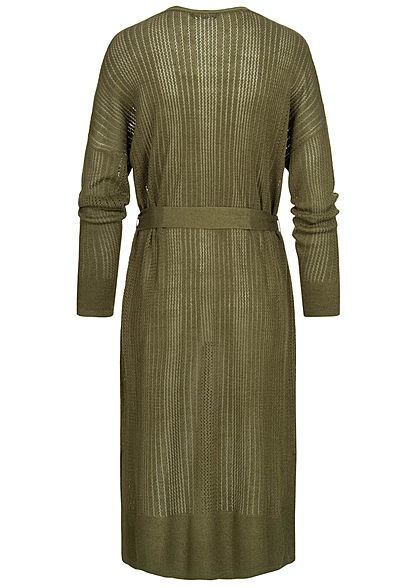 Zabaione Damen Long Cardigan 2-Pockets inkl. Bindegürtel Schlitz seitlich khaki