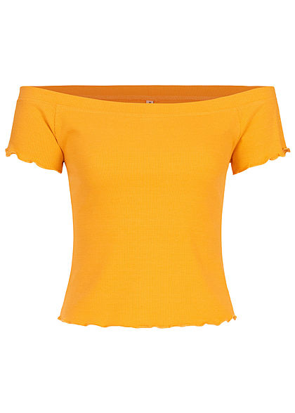 Urban Surface Damen Ribbed Carmen Shirt Frill am Saum senf gelb