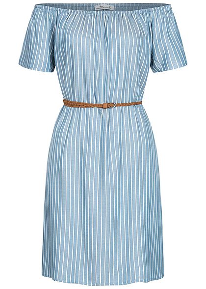 Urban Surface Damen Mini Off-Shoulder Kleid Streifen Muster inkl. Gürtel blau weiss