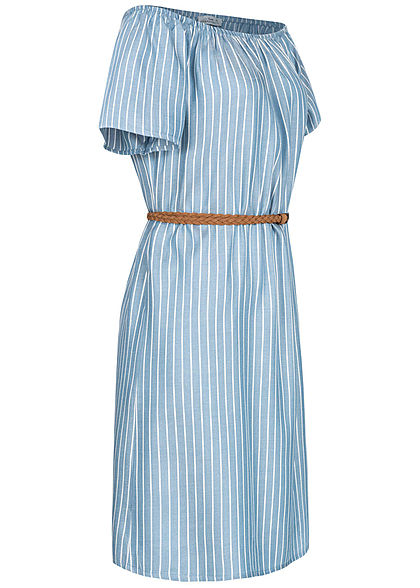 Urban Surface Damen Mini Off-Shoulder Kleid Streifen Muster inkl. Gürtel blau weiss