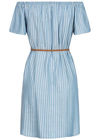 Urban Surface Damen Mini Off-Shoulder Kleid Streifen Muster inkl. Gürtel blau weiss