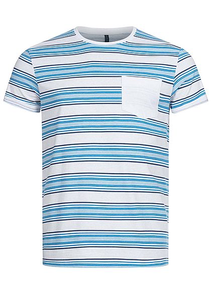 Stitch & Soul Herren T-Shirt Streifen Muster Brusttasche weiss aqua blau - Art.-Nr.: 20020713