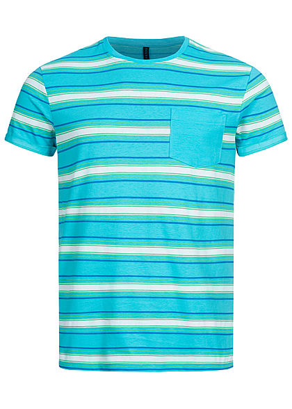 Stitch & Soul Herren T-Shirt Streifen Muster Brusttasche aqua türkis multicolor - Art.-Nr.: 20020715