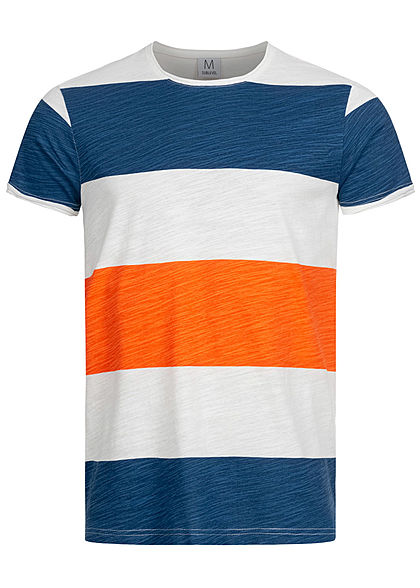 Sublevel Herren T-Shirt Colorblock Streifen Muster poppy orange blau weiss
