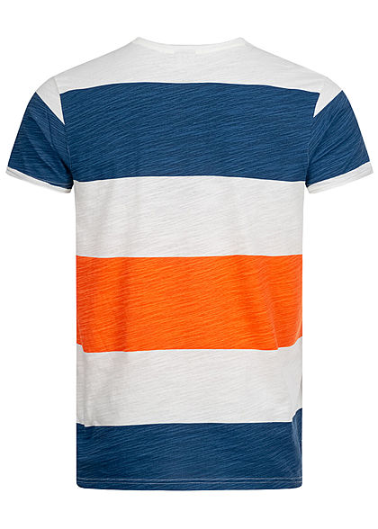 Sublevel Herren T-Shirt Colorblock Streifen Muster poppy orange blau weiss