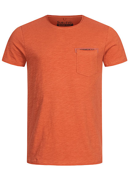 Sublevel Herren T-Shirt offene Kanten Brusttasche terracotta rot