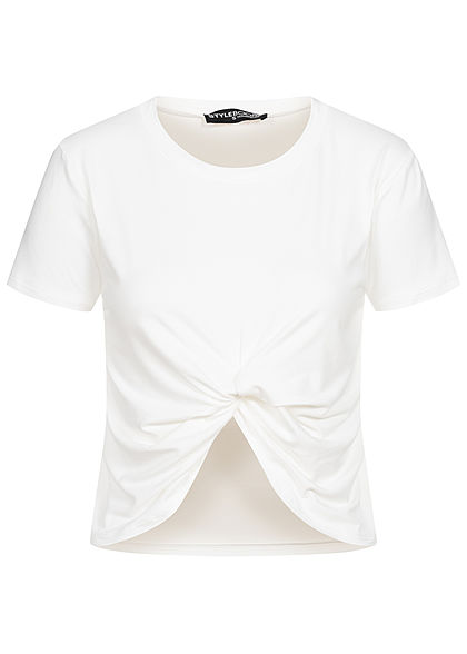 Styleboom Fashion Damen Cropped T-Shirt mit Front Knoten off weiss - Art.-Nr.: 20026215