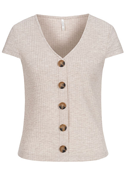 ONLY Dames NOOS T Shirt met sierknopen en V hals beige