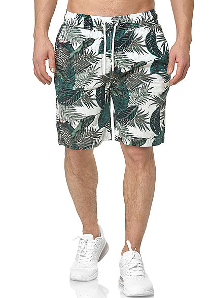 Urban Classics Herren Sommer Shorts mit 3-Pockets und Palmen Print weiss grün