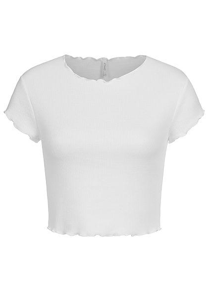 ONLY Damen Ribbed Crop Top T-Shirt mit Wellendetails am Saum cloud dancer weiss