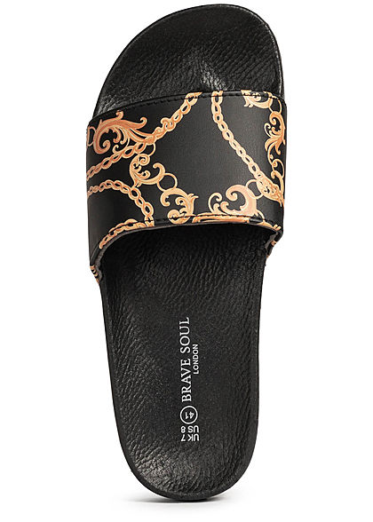 Brave Soul Herren Schuh Badesandale Chains Ketten Print schwarz gold