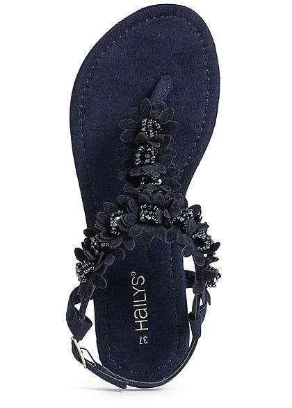 Hailys Damen Schuh Sandale Zehensteg Deko Blumen & Strasssteine navy blau
