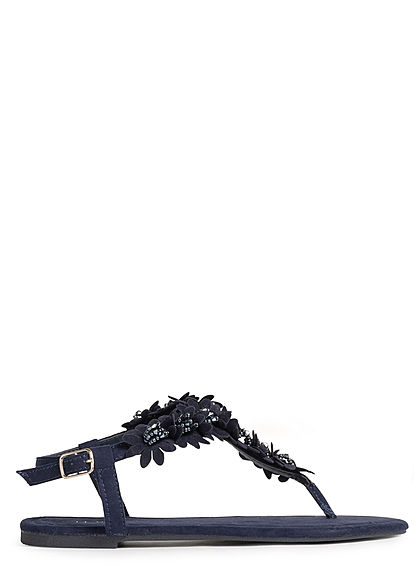 Hailys Damen Schuh Sandale Zehensteg Deko Blumen & Strasssteine navy blau
