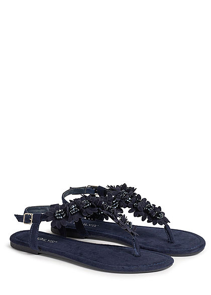 Hailys Damen Schuh Sandale Zehensteg Deko Blumen & Strasssteine navy blau