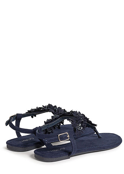 Hailys Damen Schuh Sandale Zehensteg Deko Blumen & Strasssteine navy blau
