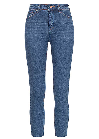 Hailys Damen Jeans Hose Ankle High-Waist 5-Pockets Fransen medium blau denim