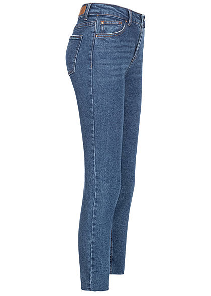 Hailys Damen Jeans Hose Ankle High-Waist 5-Pockets Fransen medium blau denim