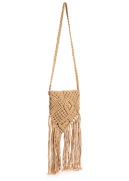 Hailys Damen Mini Häkel Handtasche mit langen Fransen 23x25cm dunkel beige